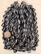 black white blue stripe, vintage look glass, 21x18mm bicone, 15" strand, sold per strand