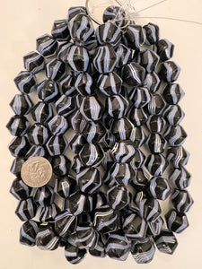 black white blue stripe, vintage look glass, 21x18mm bicone, 15" strand, sold per strand