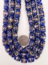 dark blue white magenta metallic copper swirl dotted, vintage look glass, 14x10mm barrel tube, 15" strand, sold per strand