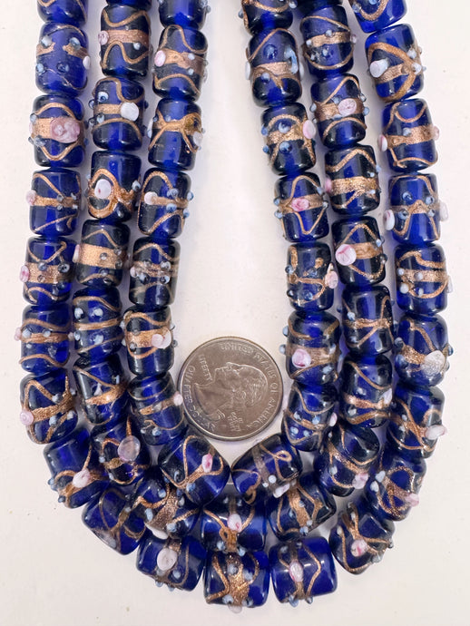 dark blue white magenta metallic copper swirl dotted, vintage look glass, 14x10mm barrel tube, 15