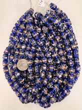 dark blue white magenta metallic copper swirl dotted, vintage look glass, 14x10mm barrel tube, 15" strand, sold per strand