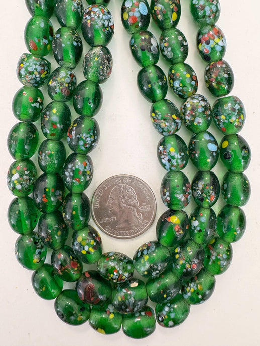 dark green multi color dotted, vintage look glass, 12x10mm bowed tube, 15