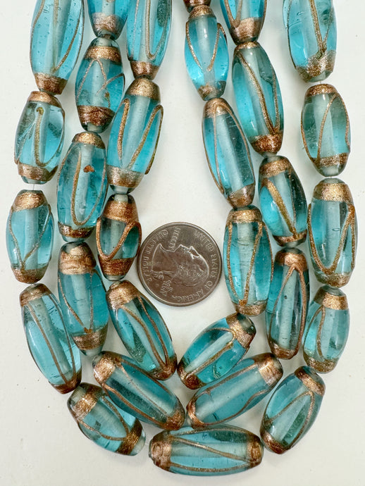 aqua blue metallic copper swirl, vintage look glass, 24-31mm bowed tube mix, 15