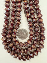 dark ews metallic copper white red swirl dot motif, vintage look glass, 12x9mm rondelle mix, 15" strand, sold per strand