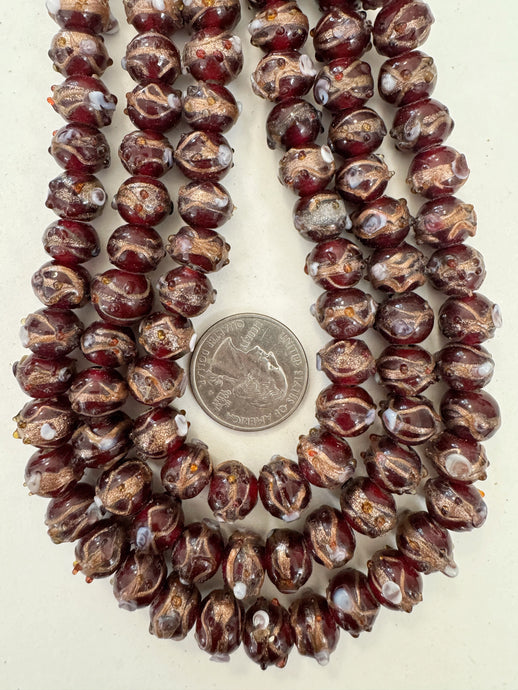 dark ews metallic copper white red swirl dot motif, vintage look glass, 12x9mm rondelle mix, 15