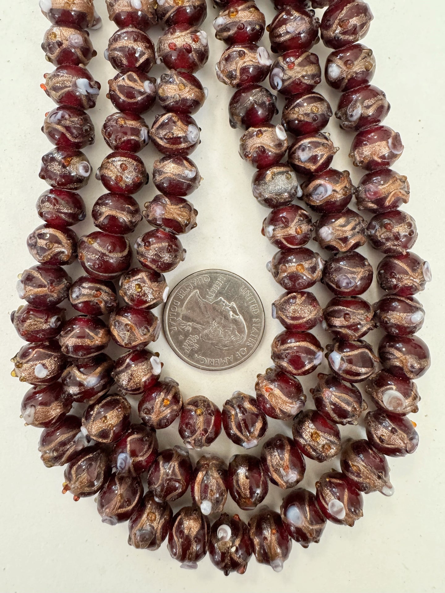 dark ews metallic copper white red swirl dot motif, vintage look glass, 12x9mm rondelle mix, 15
