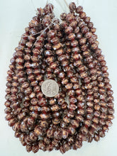 dark ews metallic copper white red swirl dot motif, vintage look glass, 12x9mm rondelle mix, 15" strand, sold per strand