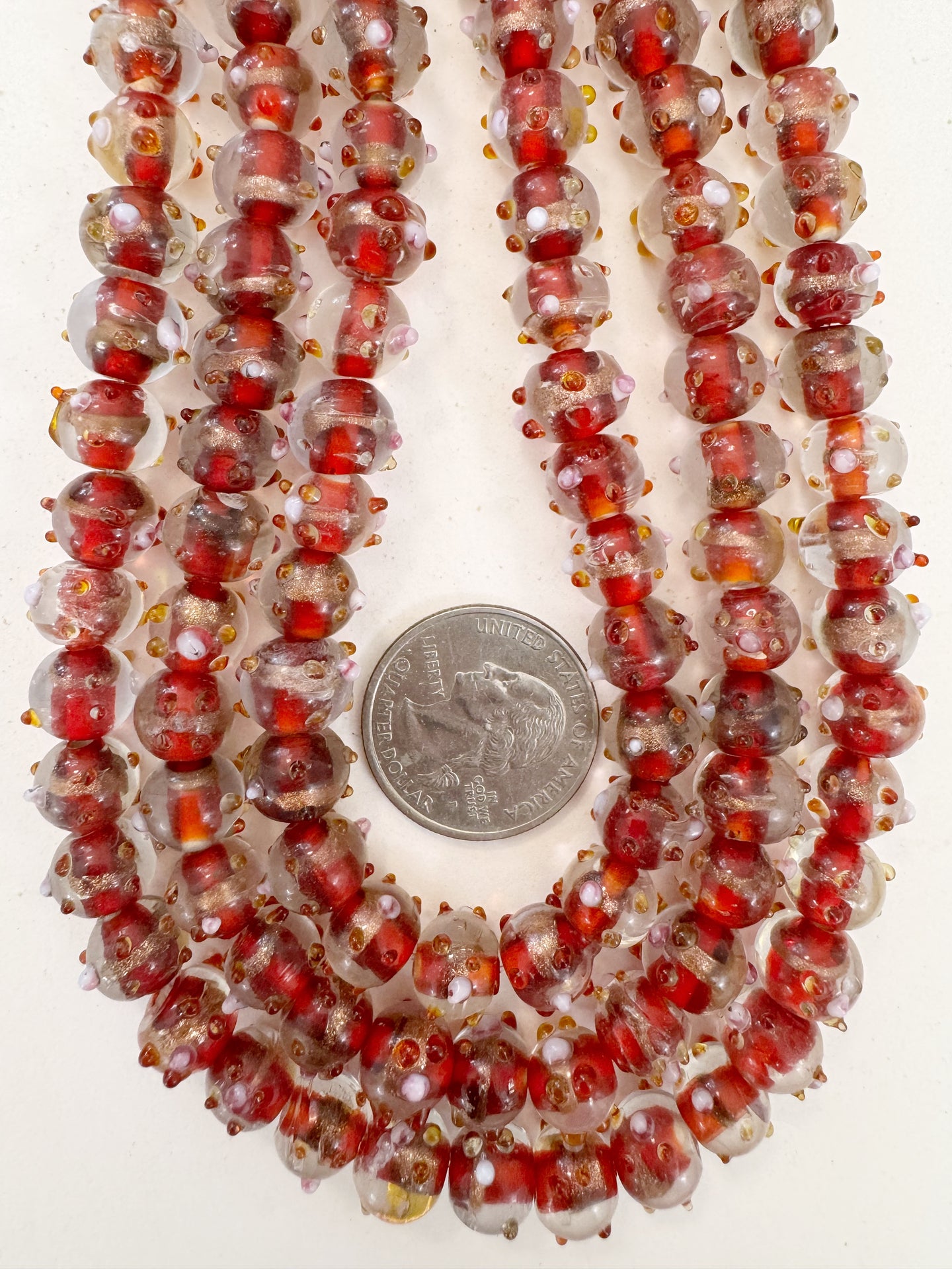 clear red white pink inside lined dotted, vintage look glass, 10x9mm rondelle mix, 15