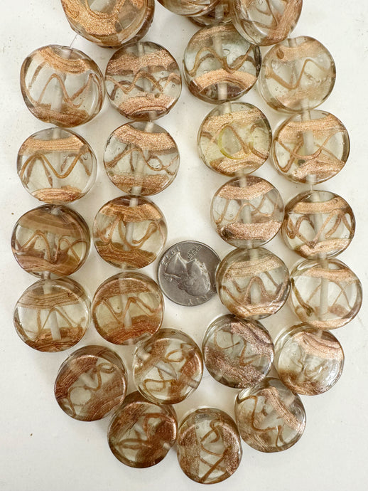 clear metallic copper swirl, vintage look glass, 26x9mm coin, 15