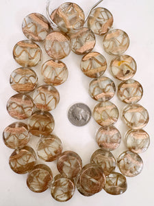 clear metallic copper swirl, vintage look glass, 26x9mm coin, 15" strand, sold per strand