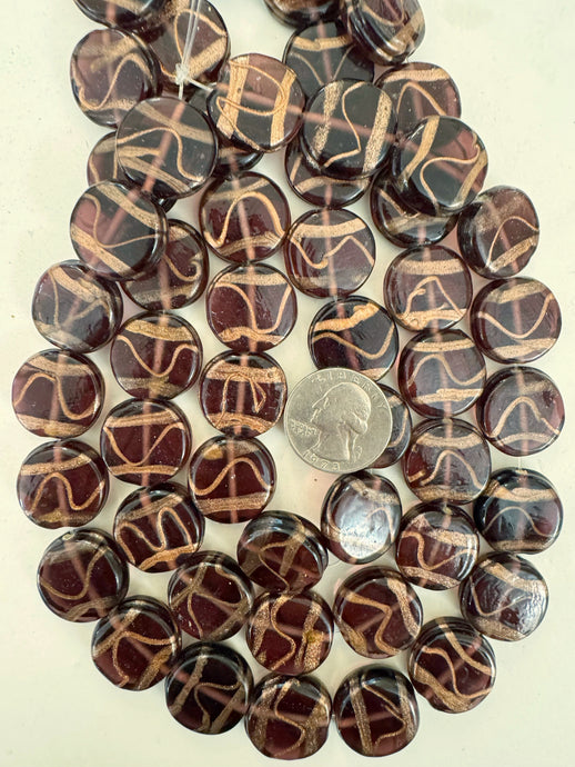 dark red purple metallic copper swirl, vintage look glass, 20x20x7mm coin, 15