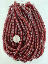 dark red  spotted metallic inside lined, vintage look glass, 9mm barrel, 15" strand, sold per strand