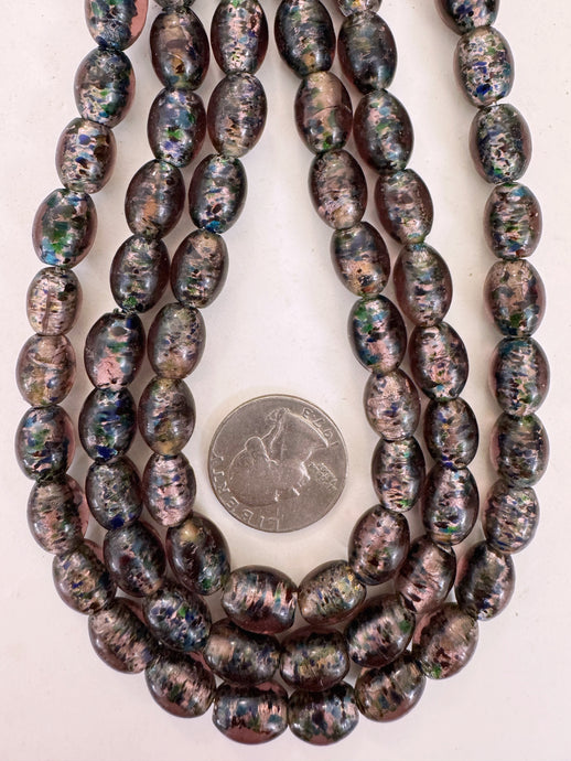 dark pale purple red green blue spotted metallic inside lined, vintage look glass, 12x9mm bowed tube, 15