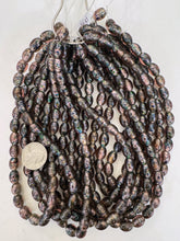 dark pale purple red green blue spotted metallic inside lined, vintage look glass, 12x9mm bowed tube, 15" strand, sold per strand