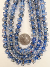 clear dark periwinkle blue white pink metallic copper inside lined dotted, vintage look glass, 11x9mm rondelle mix, 15" strand, sold per strand