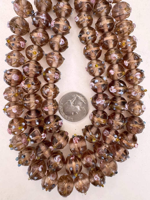 dark pale red purple blue white pink metallic copper swirl dotted, vintage look glass, 15x12mm rondelle mix, 15