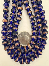 cobalt blue metallic copper swirl stripe, vintage look glass, 10x9mm rondelle mix, 15" strand, sold per strand