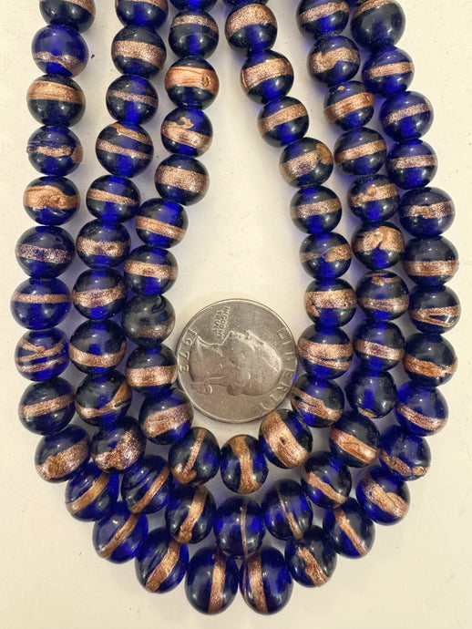 cobalt blue metallic copper swirl stripe, vintage look glass, 10x9mm rondelle mix, 15