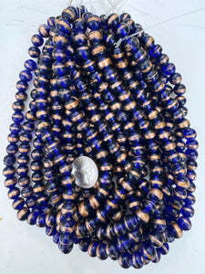 cobalt blue metallic copper swirl stripe, vintage look glass, 10x9mm rondelle mix, 15" strand, sold per strand