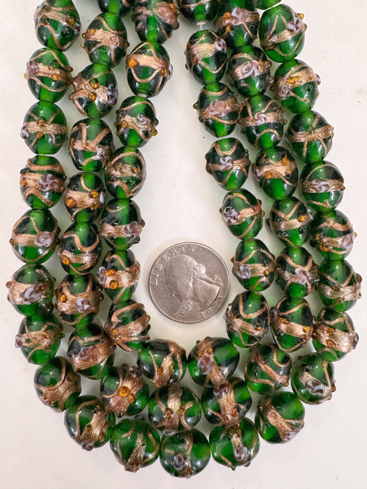 dark green white amber purple metallic copper swirl dotted, vintage look glass, 14x12mm bowed tube, 15