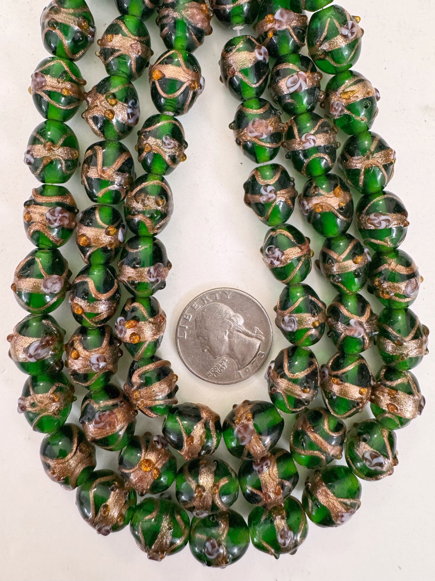 dark green white amber purple metallic copper swirl dotted, vintage look glass, 14x12mm bowed tube, 15
