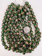 dark green white amber purple metallic copper swirl dotted, vintage look glass, 14x12mm bowed tube, 15" strand, sold per strand