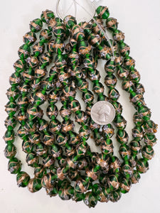dark green white amber purple metallic copper swirl dotted, vintage look glass, 14x12mm bowed tube, 15" strand, sold per strand