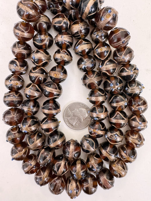 dark brown white blue amber metallic copper swirl dotted, vintage look glass, 16x14mm rondelle, 15