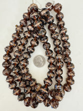 dark brown white blue amber metallic copper swirl dotted, vintage look glass, 16x14mm rondelle, 15" strand, sold per strand