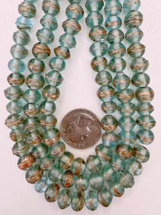 pale aqua blue metallic copper swirl stripe, vintage look glass, 9x7mm rondelle, 15