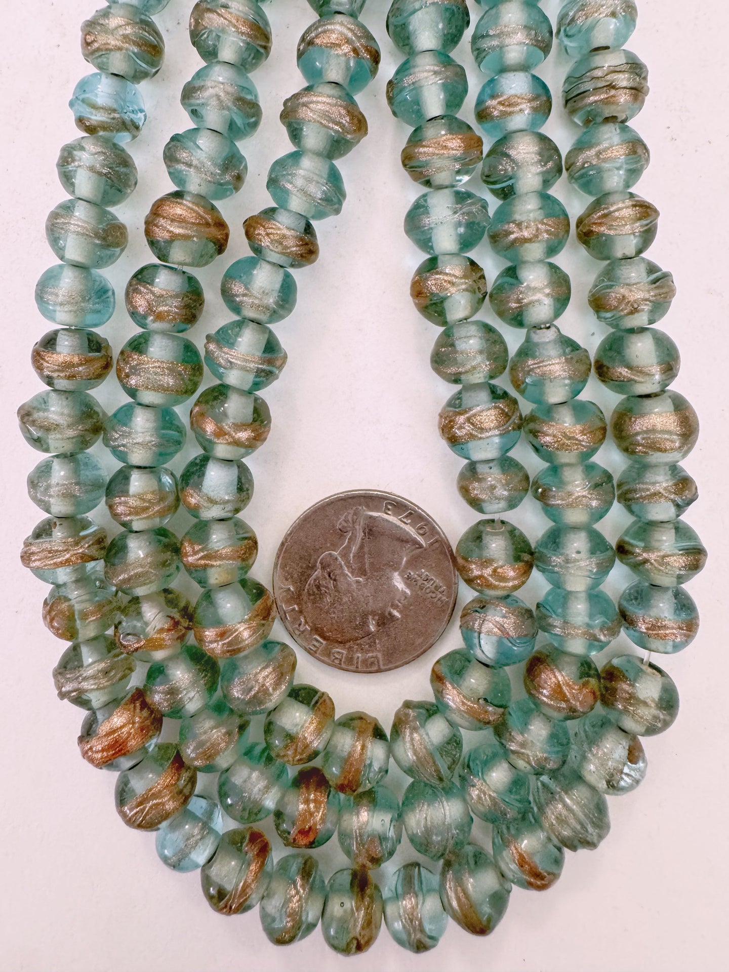 pale aqua blue metallic copper swirl stripe, vintage look glass, 9x7mm rondelle, 15