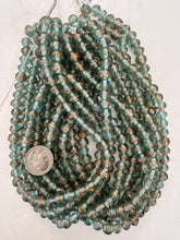 pale aqua blue metallic copper swirl stripe, vintage look glass, 9x7mm rondelle, 15" strand, sold per strand