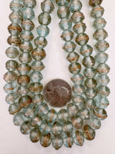 pale light aqua blue metallic copper swirl stripe, vintage look glass, 10x8mm rondelle, 15" strand, sold per strand