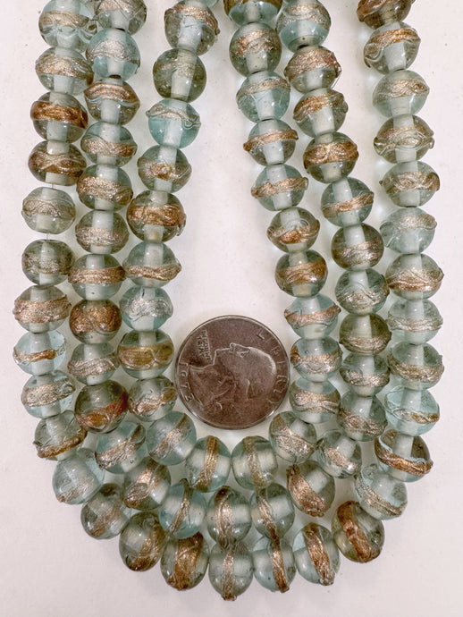 pale light aqua blue metallic copper swirl stripe, vintage look glass, 10x8mm rondelle, 15
