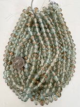 pale light aqua blue metallic copper swirl stripe, vintage look glass, 10x8mm rondelle, 15" strand, sold per strand