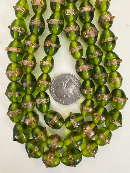 dark lime green amber metallic copper dotted stripe, vintage look glass, 12-15mm bowed tube, 15