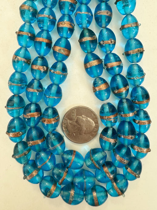 electric blue metallic copper dotted stripe, vintage look glass, 14x10mm bowed tube, 15