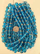 electric blue metallic copper dotted stripe, vintage look glass, 14x10mm bowed tube, 15" strand, sold per strand