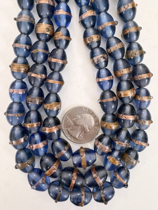 dark pale blue purple metallic copper dotted stripe, vintage look glass, 14x10mm bowed tube, 15