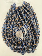 dark pale blue purple metallic copper dotted stripe, vintage look glass, 14x10mm bowed tube, 15" strand, sold per strand