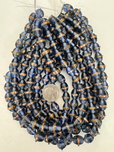 dark pale blue purple metallic copper dotted stripe, vintage look glass, 14x10mm bowed tube, 15" strand, sold per strand
