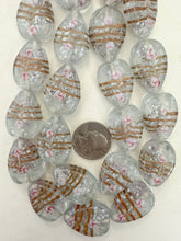 clear white pink metallic copper swirl motif, vintage look glass, 26x20x8mm pear teardrop, 15" strand, sold per strand