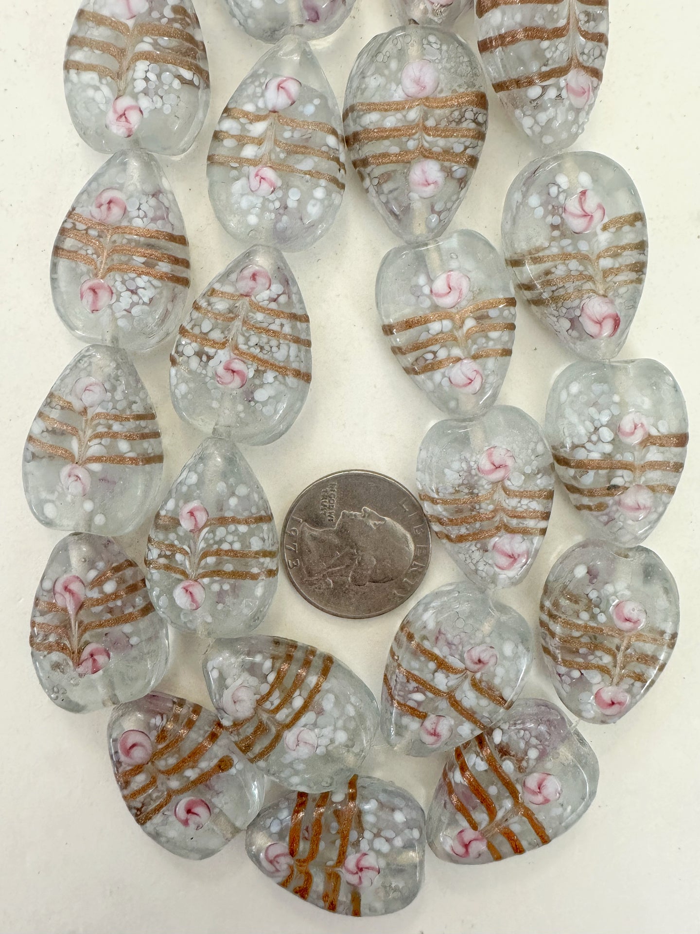 clear white pink metallic copper swirl motif, vintage look glass, 26x20x8mm pear teardrop, 15