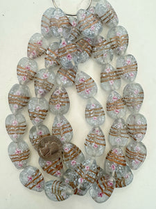 clear white pink metallic copper swirl motif, vintage look glass, 26x20x8mm pear teardrop, 15" strand, sold per strand