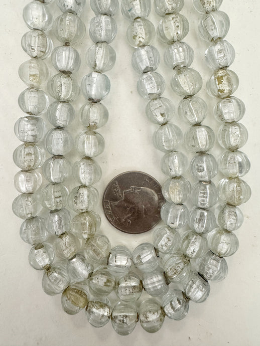clear yellowed metallic inside lined motif, vintage look glass, 9mm melon cut round, 15