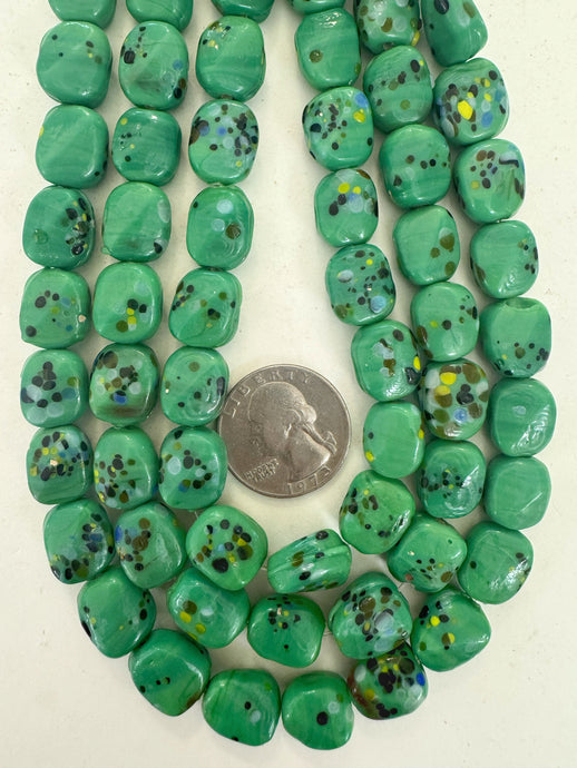 mint green yellow blue brown yellow black spotted motif, vintage look glass, 14x12x8mm flat nugget, 15