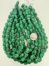 mint green yellow blue brown yellow black spotted motif, vintage look glass, 14x12x8mm flat nugget, 15" strand, sold per strand