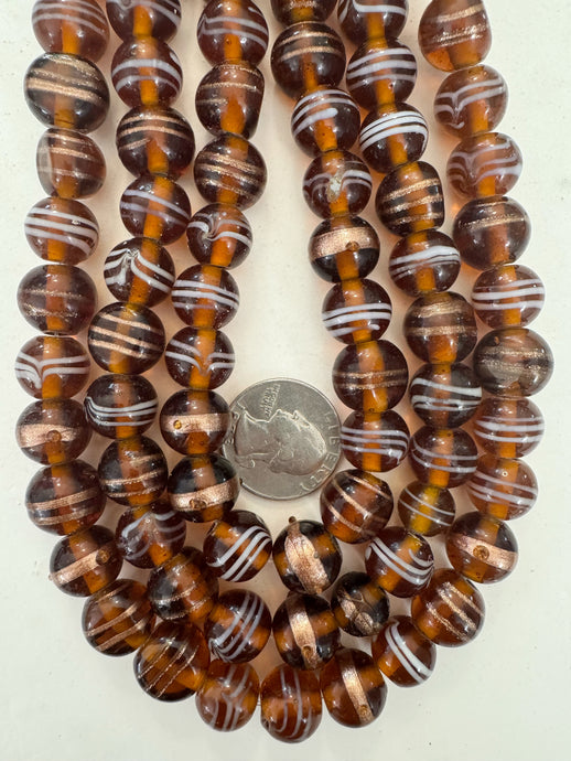 dark amber brown white metallic copper feathered swirl motif, vintage look glass, 13mm round semi-round mix, 15