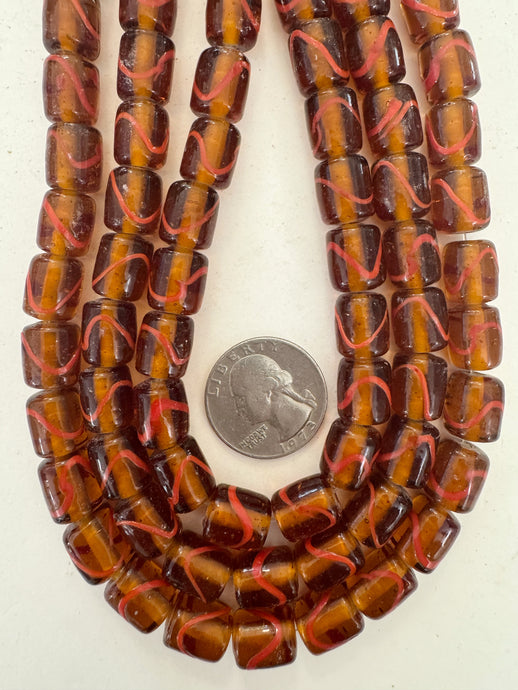dark amber brown pale red swirl motif, vintage look glass, 12x9mm barrel, 15
