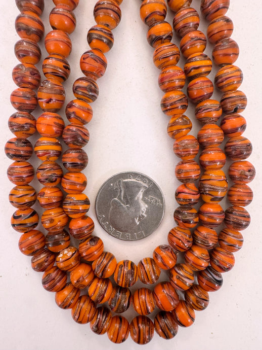 tangerine orange black metallic copper white red swirl motif, vintage look glass, 8x7mm rondelle, 15